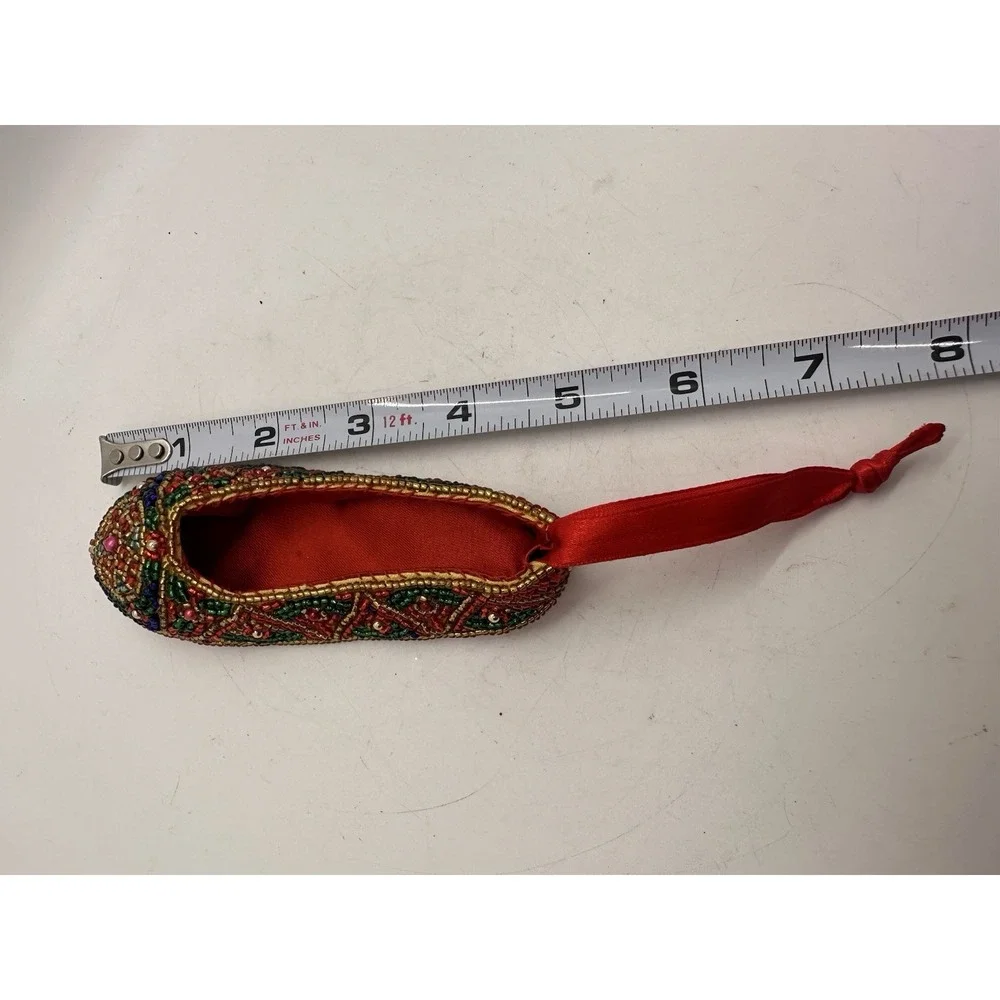 Vintage Beaded Slipper Ornament Red Satin Christmas Shoe 5